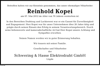 Traueranzeige von Nachruf Reinhold Kopei von Deister- und Weserzeitung