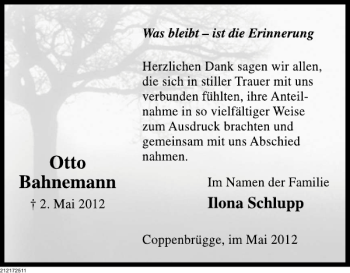 Traueranzeige von Otto Bahnemann von Deister- und Weserzeitung