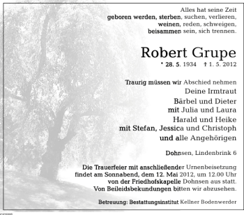 Traueranzeige von Robert Grupe von Deister- und Weserzeitung