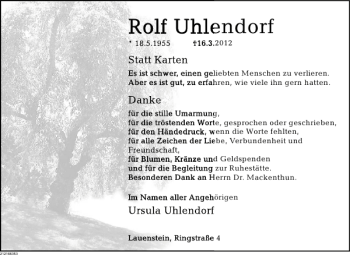 Traueranzeige von Rolf Uhlendorf von Deister- und Weserzeitung