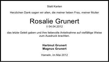 Traueranzeige von Rosalie Grunert von Deister- und Weserzeitung