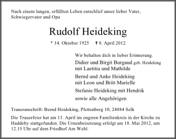 Traueranzeige von Rudolf Heideking von Deister- und Weserzeitung