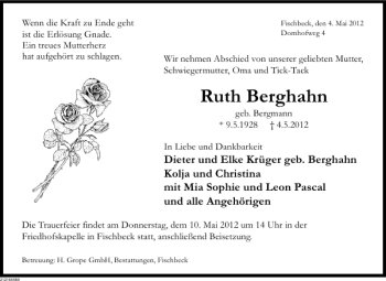 Traueranzeige von Ruth Berkhahn von Deister- und Weserzeitung