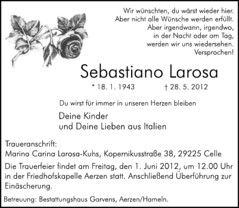 Traueranzeige von Sebastiano Larosa von Deister- und Weserzeitung
