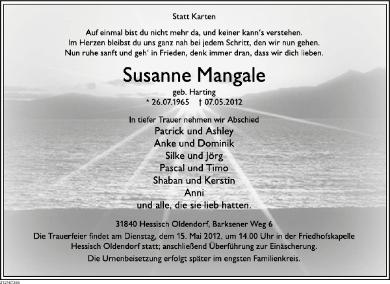  Traueranzeige für Susanne Mangale vom 12.05.2012 aus Deister- und Weserzeitung