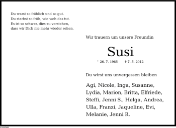 Traueranzeige von Susi  von Deister- und Weserzeitung