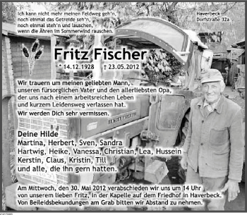 Traueranzeige von TA Fritz Fischer von Deister- und Weserzeitung