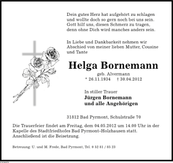 Traueranzeige von TA Helga Bornemann von Deister- und Weserzeitung