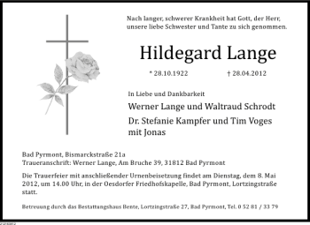 Traueranzeige von TA Hildegard Lange von Deister- und Weserzeitung