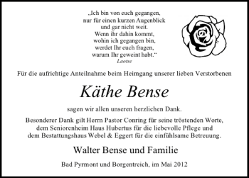 Traueranzeige von TA Käthe Bense von Deister- und Weserzeitung