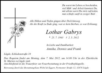 Traueranzeige von TA Lothar Gabrys von Deister- und Weserzeitung