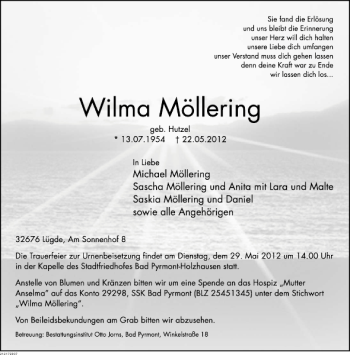 Traueranzeige von TA Wilma Möllering von Deister- und Weserzeitung