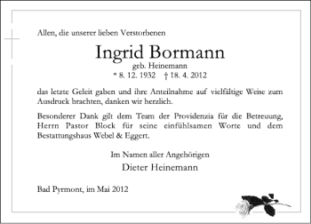 Traueranzeige von TDK Bormann von Deister- und Weserzeitung