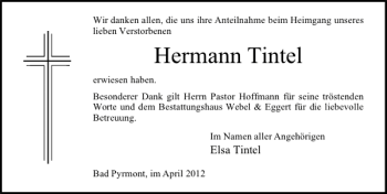 Traueranzeige von TDK Hermann Tintel von Deister- und Weserzeitung