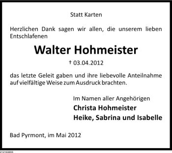 Traueranzeige von TDK Walter Hohmeister von Deister- und Weserzeitung