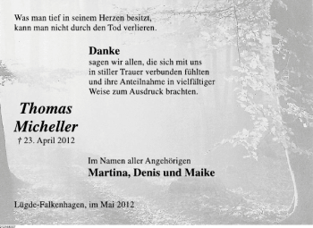 Traueranzeige von Thomas Micheller von Deister- und Weserzeitung