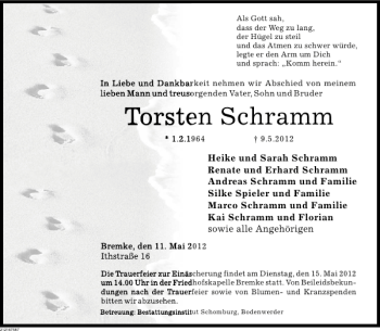 Traueranzeige von Thorsten Schramm von Deister- und Weserzeitung