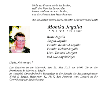 Traueranzeige von Trauer Jagalla von Deister- und Weserzeitung