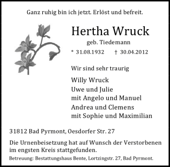 Traueranzeige von Trauer Wruck von Deister- und Weserzeitung