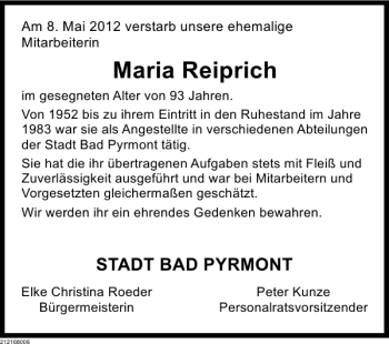 Traueranzeige von Traueranzeige Reiprich von Deister- und Weserzeitung