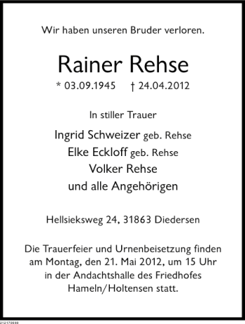 Traueranzeige von Traueranzeigen Rainer Rehse von Deister- und Weserzeitung