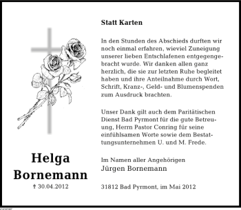 Traueranzeige von Trauerdanksagung Bornemann von Deister- und Weserzeitung