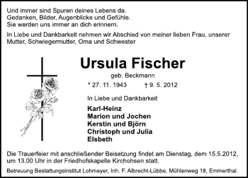 Traueranzeige von Ursula Fischer von Deister- und Weserzeitung