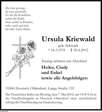 Traueranzeige von Ursula Kriewald von Deister- und Weserzeitung