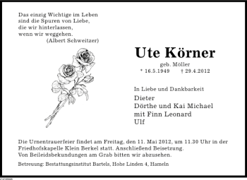 Traueranzeige von Ute Körner von Deister- und Weserzeitung