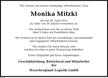 Traueranzeige von WBL Monika Mitzki von Deister- und Weserzeitung