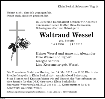 Traueranzeige von Waltraud Wessel von Deister- und Weserzeitung