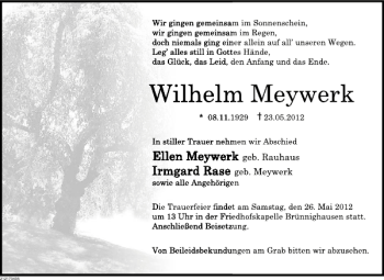 Traueranzeige von Wilhelm Meywerk von Deister- und Weserzeitung