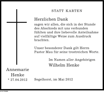 Traueranzeige von Wilhelm Henke Annemarie Henke von Deister- und Weserzeitung
