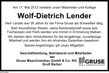 Traueranzeige von Wolf-Dietrich Lender von Deister- und Weserzeitung