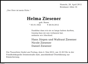 Traueranzeige von helma ziesener von Deister- und Weserzeitung