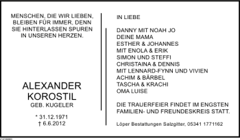 Traueranzeige von Alexander Korostil von Deister- und Weserzeitung