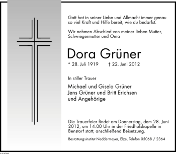 Traueranzeige von Dora Grüner von Deister- und Weserzeitung