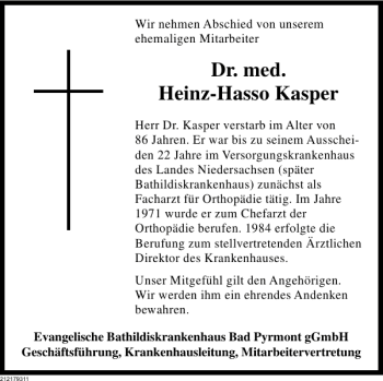Traueranzeige von Dr. med.Heinz-Hasso Kasper von Deister- und Weserzeitung