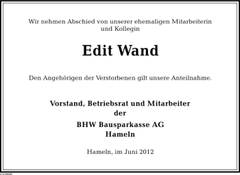 Traueranzeige von Edit Wand von Deister- und Weserzeitung