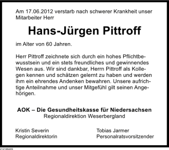 Traueranzeige von Hans - Jürgen Pittroff von Deister- und Weserzeitung