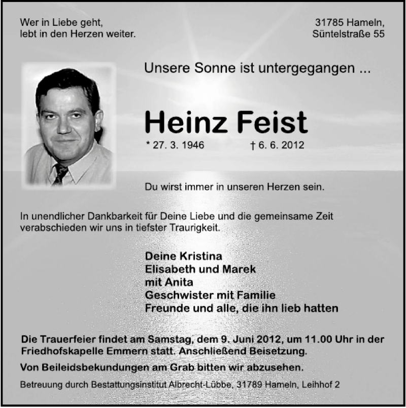  Traueranzeige für Heinz Feist vom 08.06.2012 aus Deister- und Weserzeitung