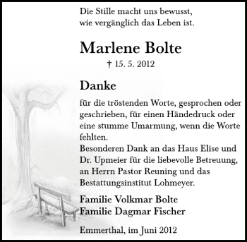 Traueranzeige von Marlene Bolte von Deister- und Weserzeitung