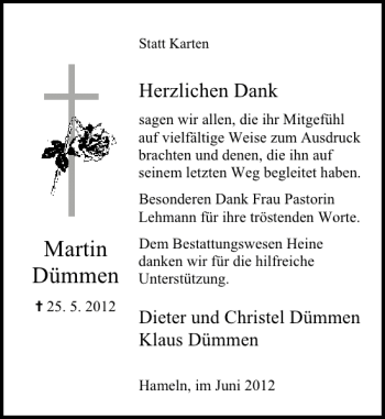 Traueranzeige von Martin Dümmen von Deister- und Weserzeitung