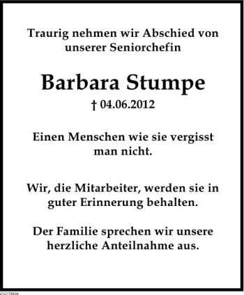 Traueranzeige von Nachruf Barbara Stumpe von Deister- und Weserzeitung