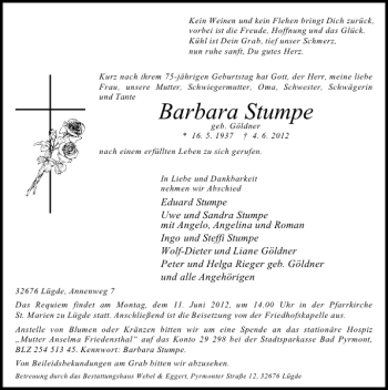 Traueranzeige von TA Barbara Stumpe von Deister- und Weserzeitung