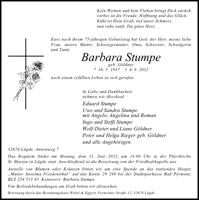  Traueranzeige für TA Barbara Stumpe vom 07.06.2012 aus Deister- und Weserzeitung