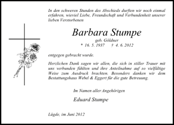 Traueranzeige von TDK Barbara Stumpe von Deister- und Weserzeitung