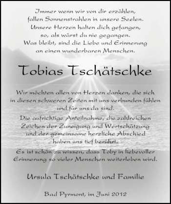 Traueranzeige von Tobias Tschätschke von Deister- und Weserzeitung