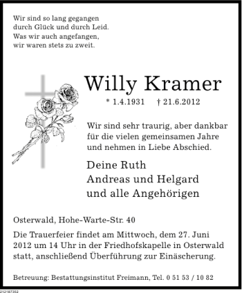 Traueranzeige von Willy Kramer von Deister- und Weserzeitung