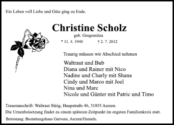 Traueranzeige von Chrstine Scholz von Deister- und Weserzeitung